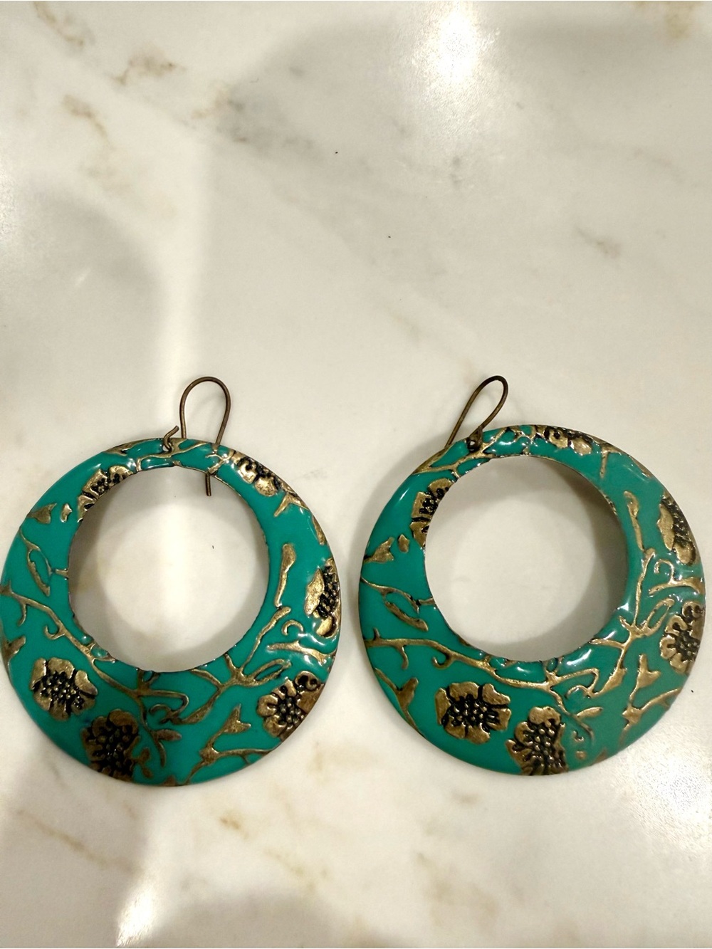 Turquoise Floral Hoop Earrings with Gold Accents